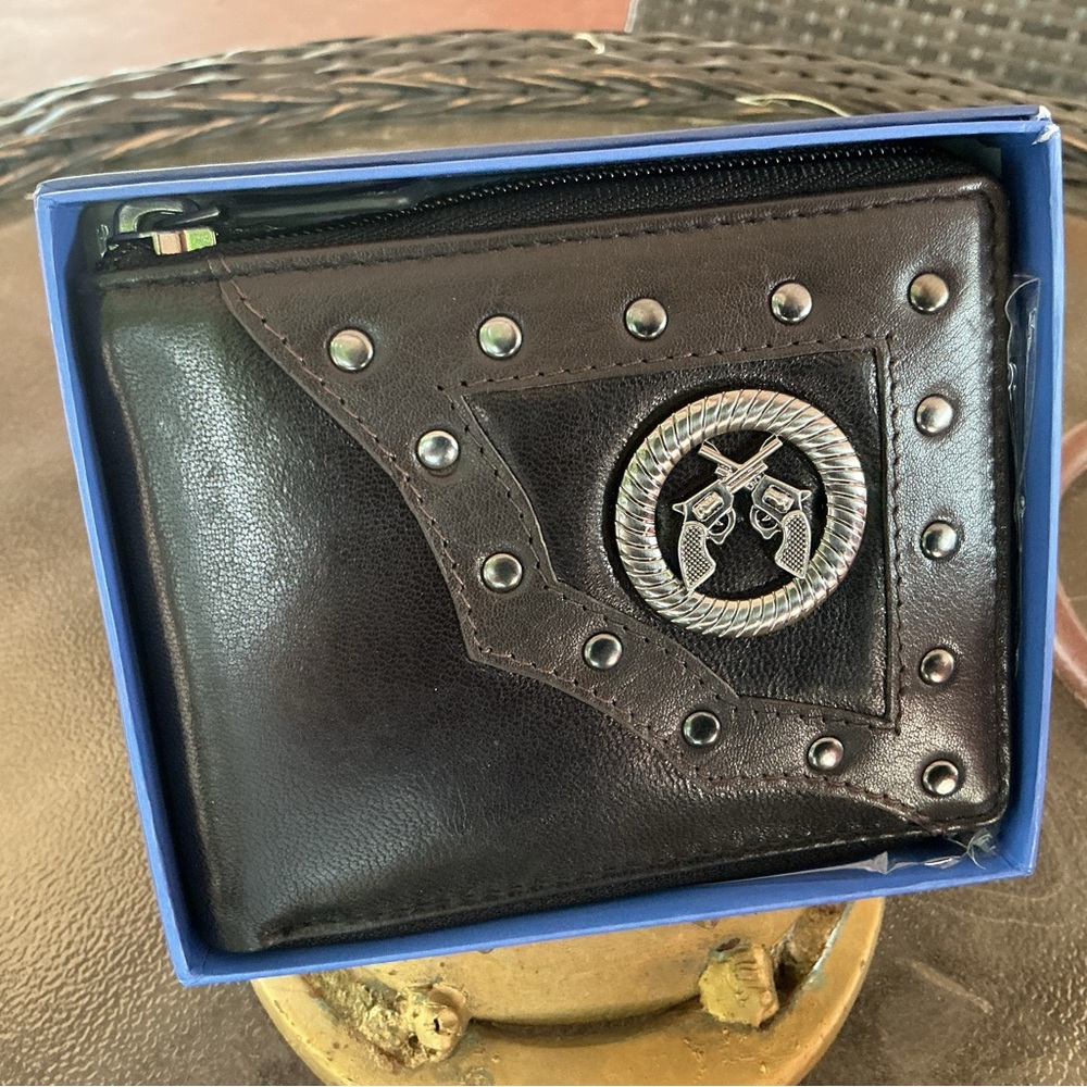 Men's Brown Leather Studded Bifold Wallet with Gun Emblem